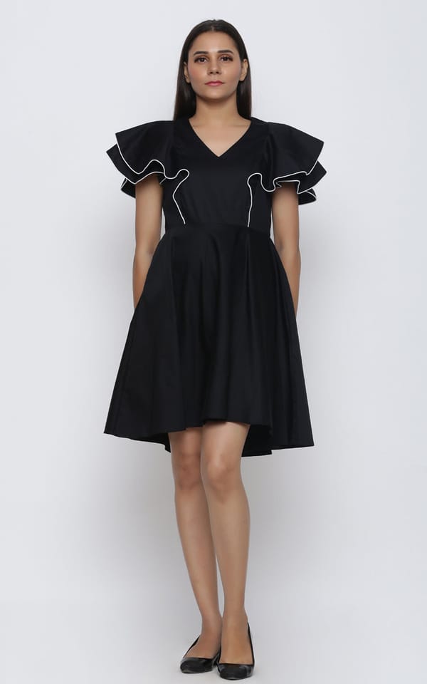 Black Cotton Satin Fit and Flare Knee-Length Dress — Escape By Aishwarya