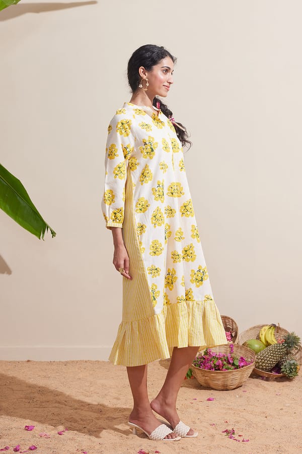 Ivory/Yellow Floral Cotton-Linen Midi Dress — Dressfolk