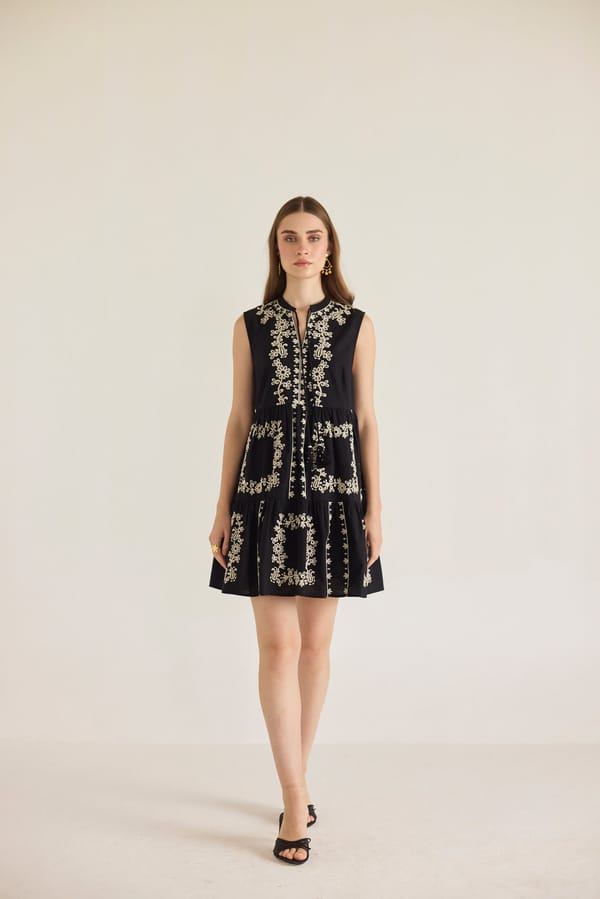 Black Cotton Linen Embroidered Tiered Mini Dress — Calling June