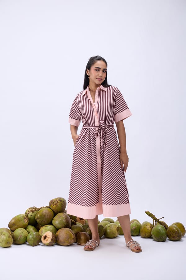 Pink Striped Midi Shirt Dress with Contrast Placket — Label Ruiaan