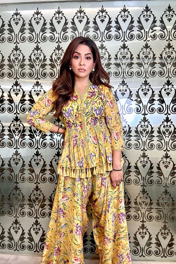 Yellow Floral Peplum Kurta and Drape Pants Co-ord Set — BUMBLEBEE