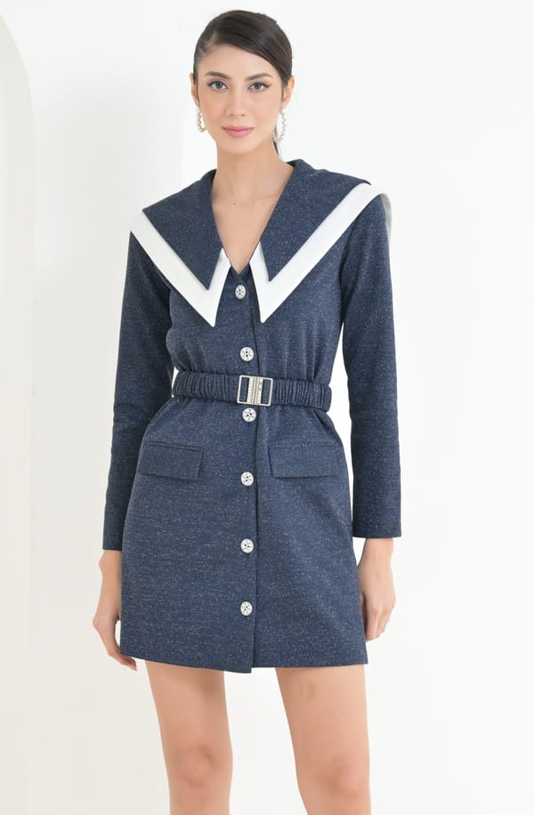 Blue & White Shimmer Blazer Dress — OMBRELLO