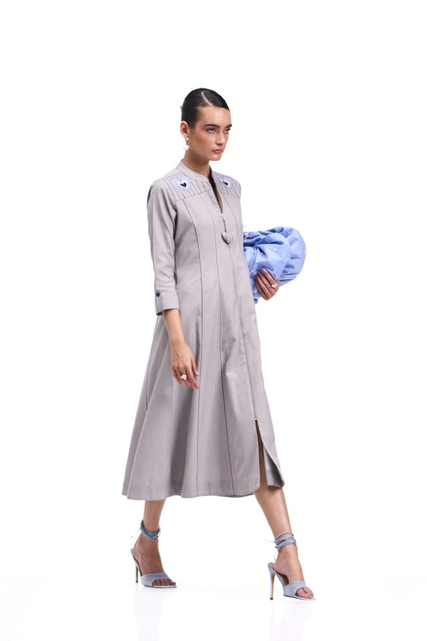 Cloud Grey Cotton Denim Zip-Front Fit and Flare Midi Dress — Our Love