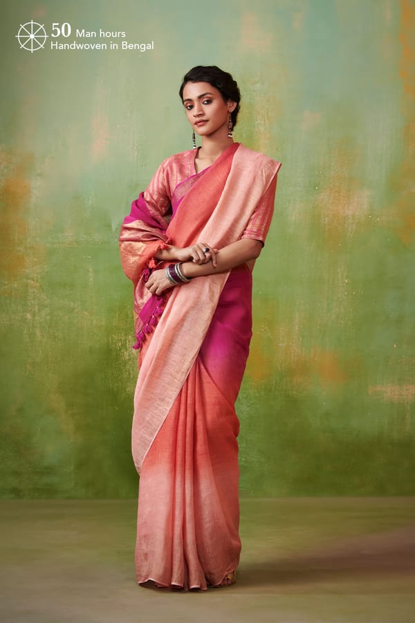 Magenta-Orange-Peach Ombre Handwoven Linen Saree — Dressfolk