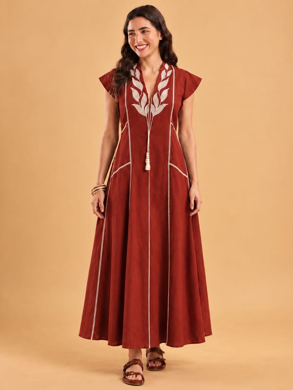 Rust Leaf Panel Maxi Dress — ANISETTE