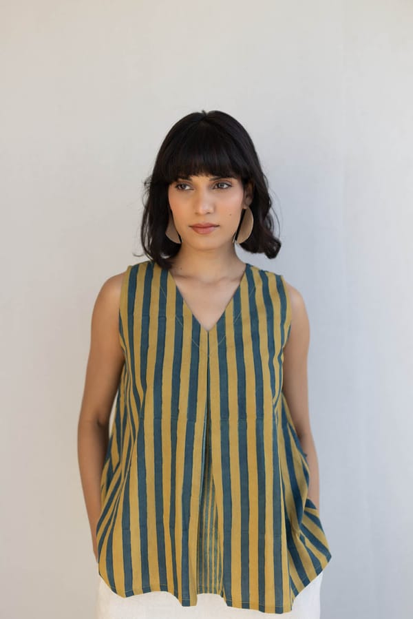 Mustard and Teal Striped Sleeveless V-Neck Cotton Top — Vraj Bhoomi