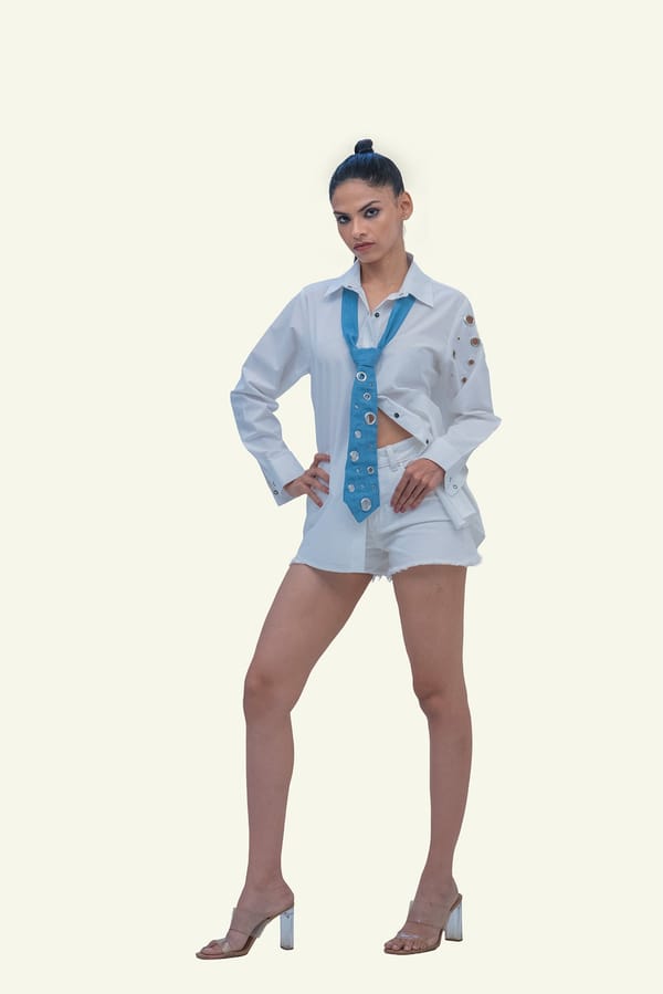 White Cotton Shirt with Ice-Washed Denim Tie — Richa Goenka
