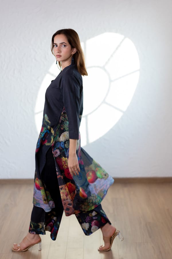 Black Printed A-Line Kurta Set with V-Neck — Maidaan