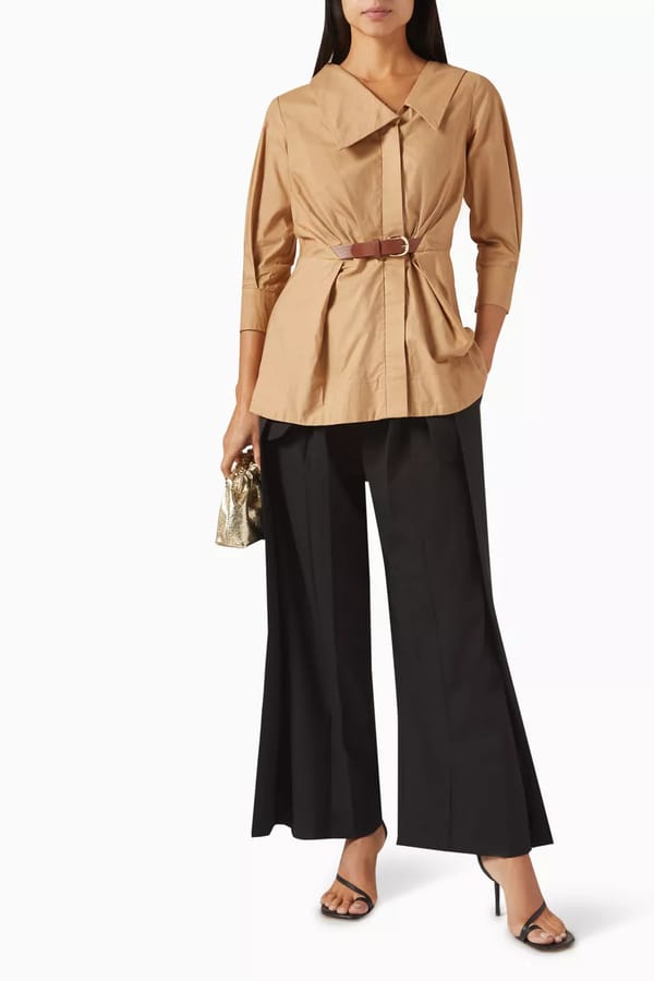 Beige Cotton Poplin Belted Longline Shirt — NOTEBOOK