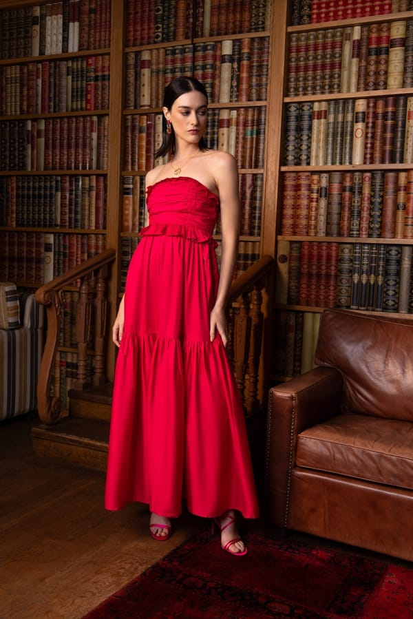French Fuchsia Strapless Tiered Maxi Gown — Sage by Mala