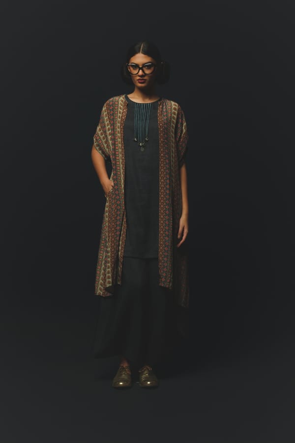 Grey 3-Piece Kurta Set with Printed Long Jacket Layer — Basil Leaf