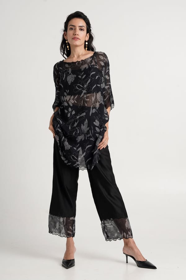 Black Floral Print Sheer Overlay Co-ord Set with Pants — Madder Much