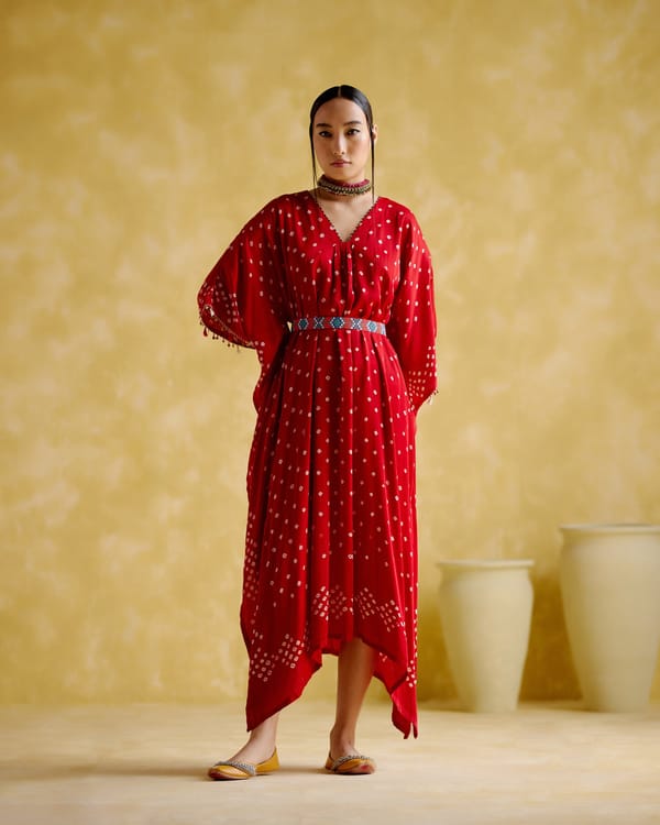 Red Bandhani Kaftan with Beaded V-Neck and Belt — 5 Elements