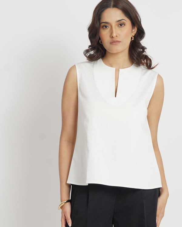White Notched Neck Relaxed A-Line Sleeveless Cotton Top — Loma Naturally