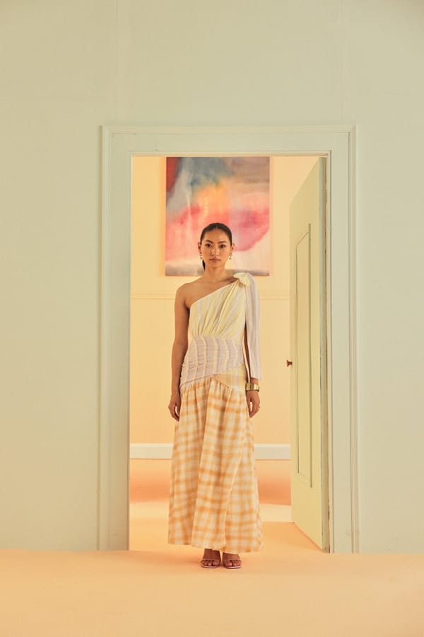 White One-Shoulder Pastel Check Maxi Dress — Sage by Mala