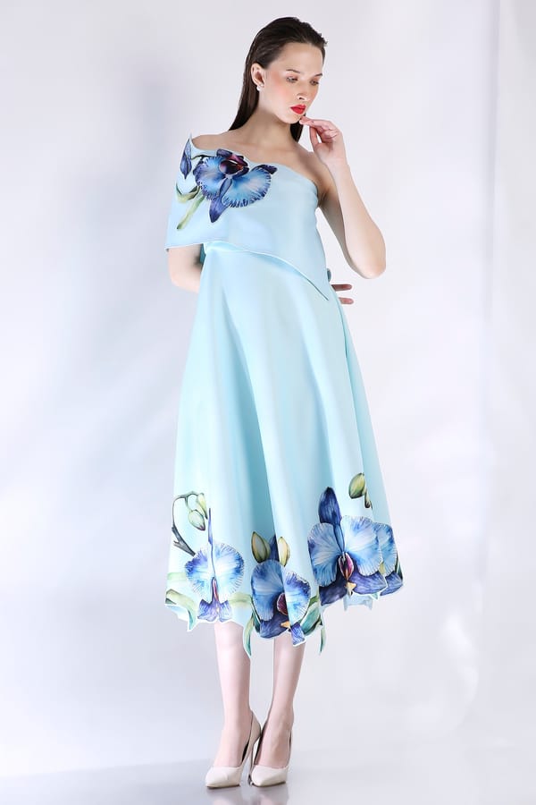 Blue Off-Shoulder Floral Print Fit and Flare Midi Dress — OZEQO