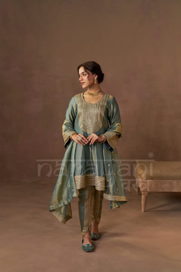 ZIA - Sage Blue Tissue-Organza Anarkali Set — NARAYANI VASTRA