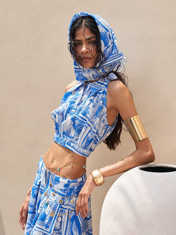 Cobalt Blue Graphic Print Halter Co-ord Set with Wide-Leg Pants — HOUSE OF FETT