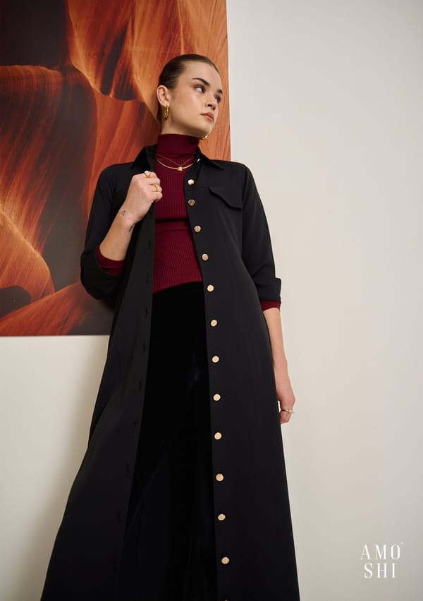 Black Longline Trench Coat with Detachable Belt — AMOSHI