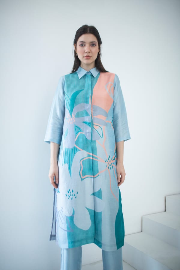 Blue & Orange Long Straight Kurta Set — CLOS