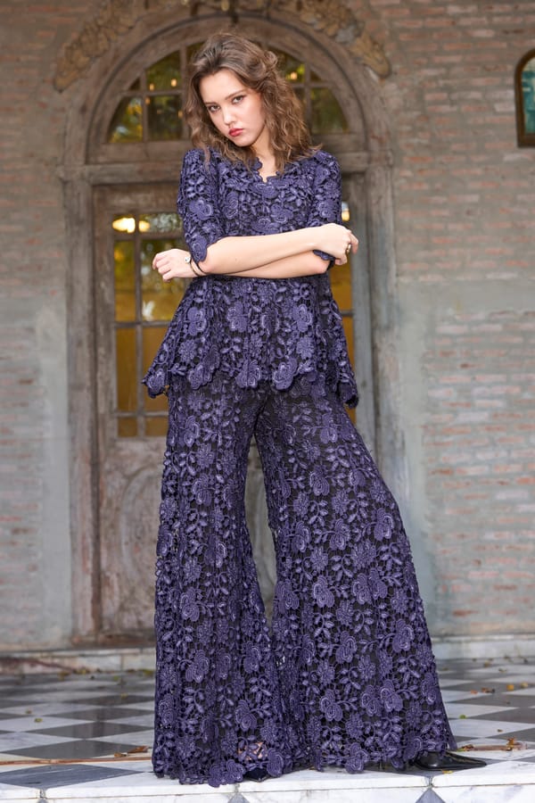 Navy Embroidered Lace Flared Trousers — Dash and Dot