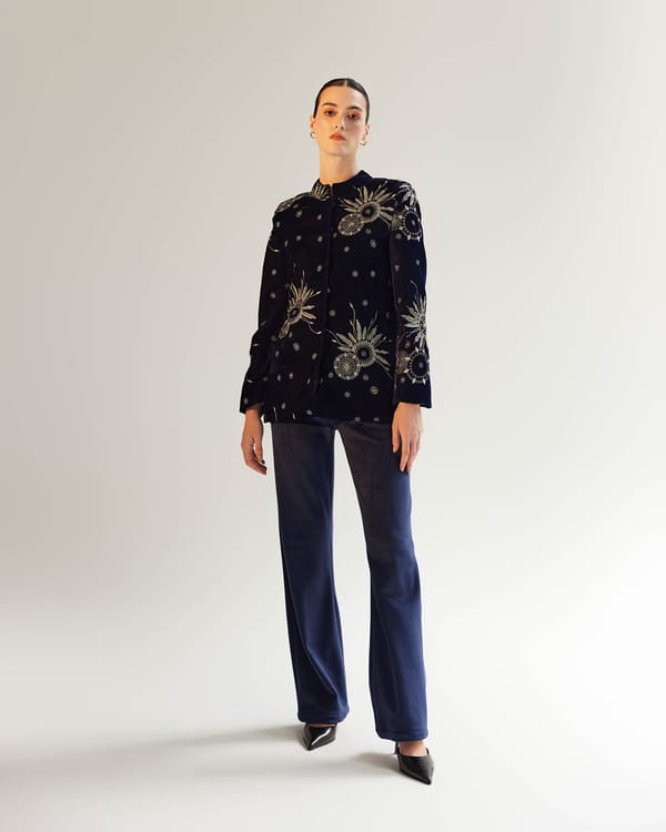 Navy Velvet Mandarin Collar Printed Jacket — SHOP NOIB