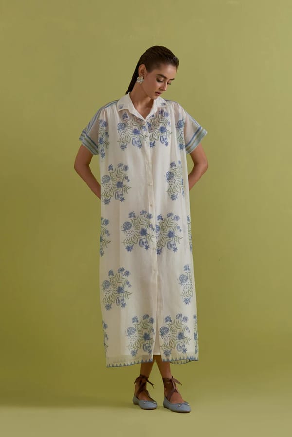 Off White Hand Block Printed Long Dress — Upavita