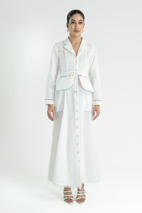 White Dobby Checked Maxi Shirt Dress with Tie Belt — Our Love