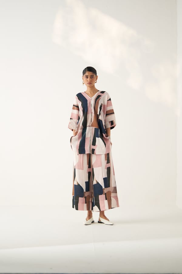 Multicolor Abstract Print Cotton Linen Co-ord Set — Ofrida