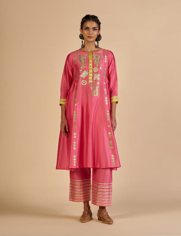 Pink Silk Chanderi Flared Kali Kurta with Gota Applique — Gulabo by Abu Sandeep