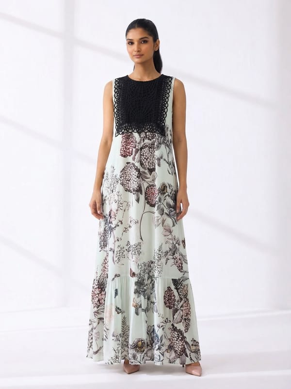 Multicolor Floral Georgette Maxi Dress with Lace Yoke — Kavita Bhartia