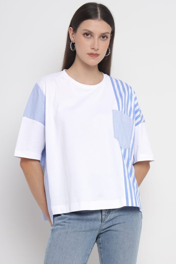 White/Light Blue Colorblock Oversized Stripe Panel Tee — Diana Gallesi
