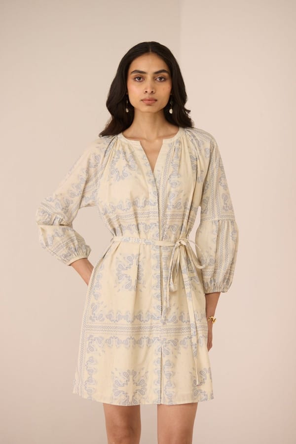 Paisley Blue Cotton Poplin Belted Mini Dress — Calling June