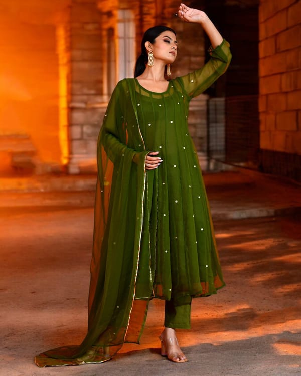 Olive Green Georgette Suit Set — Bannhi by Priyanka Rathore