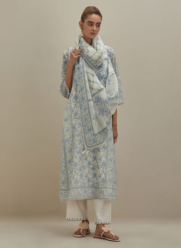 Off White Chanderi Kurta Block Print — Upavita