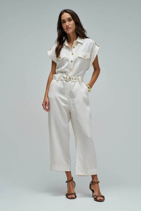 Light Beige Belted Shirt Jumpsuit with Button Front — SALSA JEANS