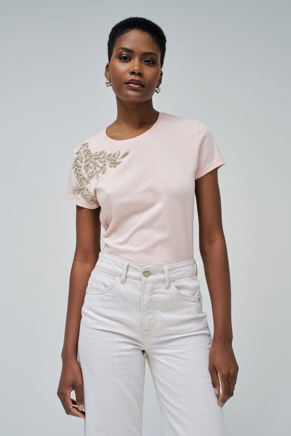 Medium Pink Slim-Fit T-Shirt with Shiny Shoulder Applique — SALSA JEANS
