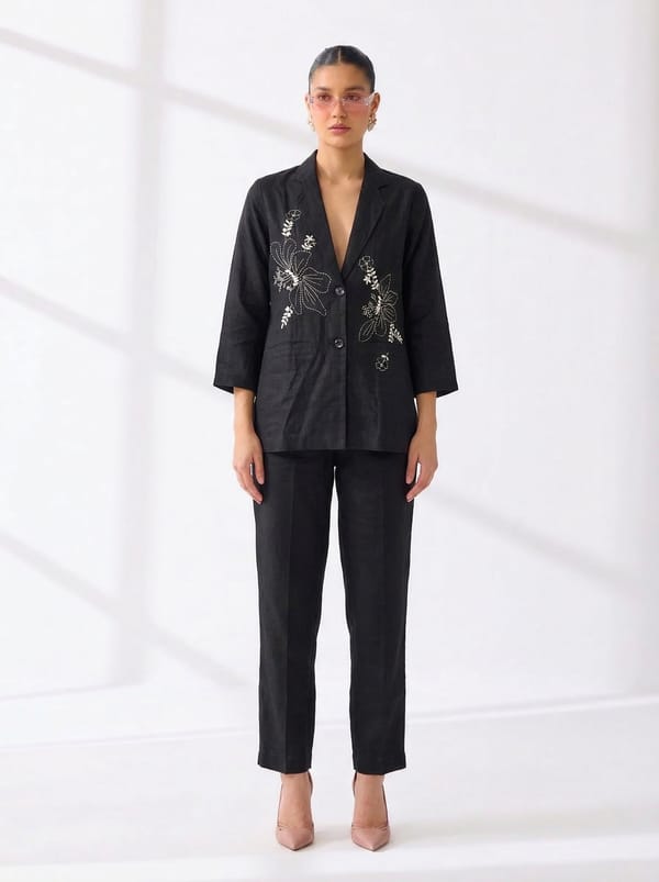 Black Linen Embroidered Blazer and Trouser Co-ord Set — Linen Bloom