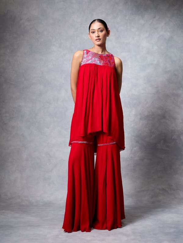 Red Georgette Sleeveless Kurta and Gharara Set — Vrinda Soni