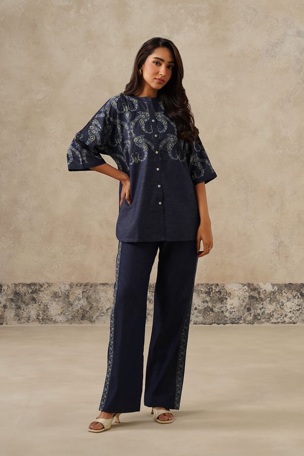Naaz Denim Paisley Floral Embroidered Co-ord Set — INCHING INDIA