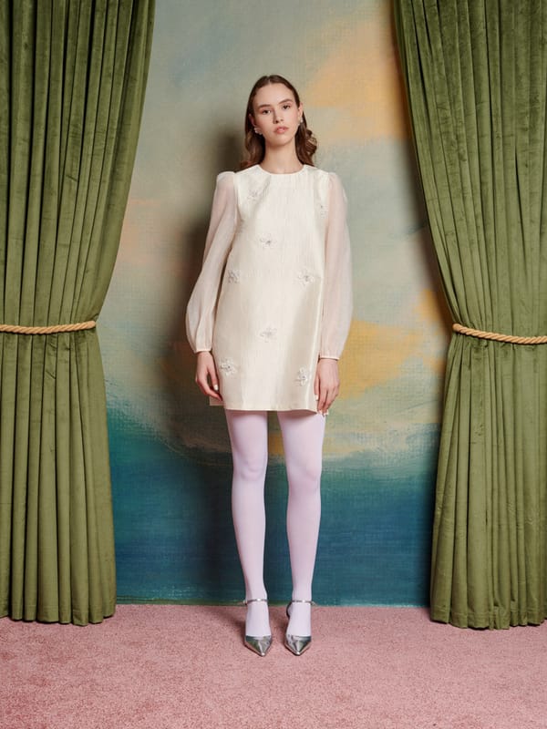 Ivory Shift Mini Dress with Sheer Sleeves and Floral Applique — SISTER JANE