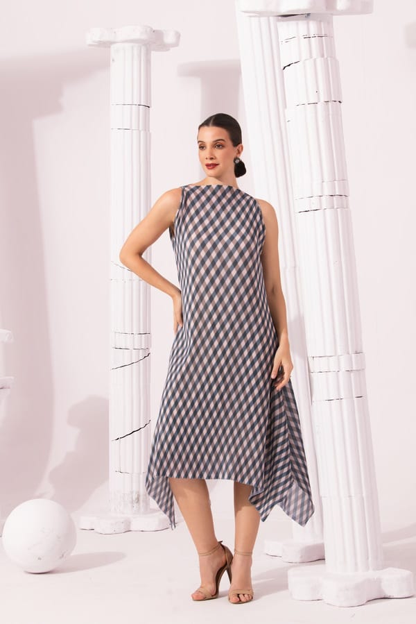 Grey/Pink Checked Pleated Midi Dress with Handkerchief Hem — PREETI MEHTA