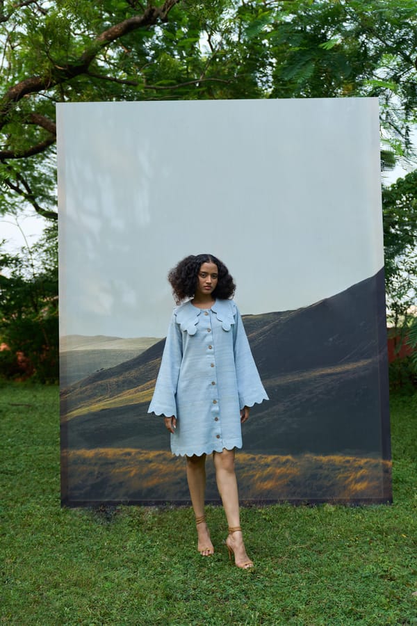 Blue Mini Shirt Dress with Scalloped Statement Collar — ALTER NATIVE