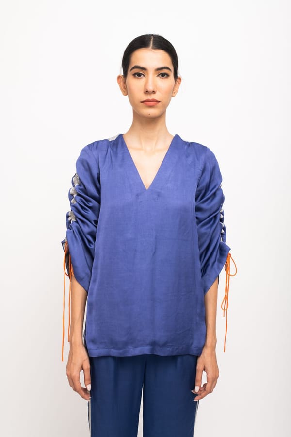 Blue-Grey Ruched Sleeve Top and Flared Pants Co-ord Set — Neora