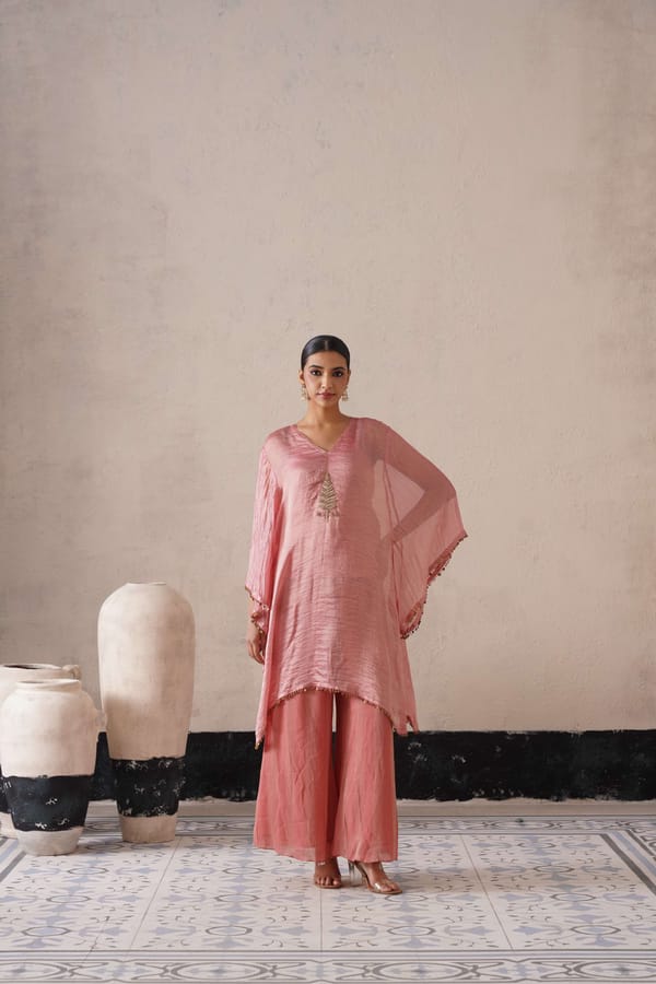 Blush Apricot Tissue Organza Kaftan Kurta Set — SHREYASH JAIN