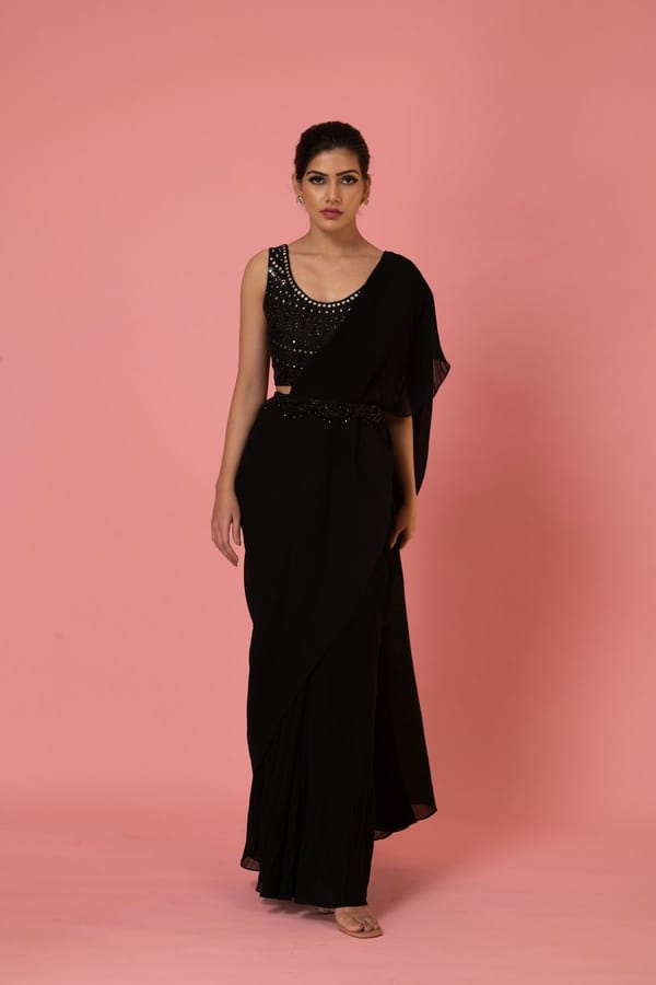 Midnight Black Pre-Draped Georgette Saree Set — PREETI MEHTA