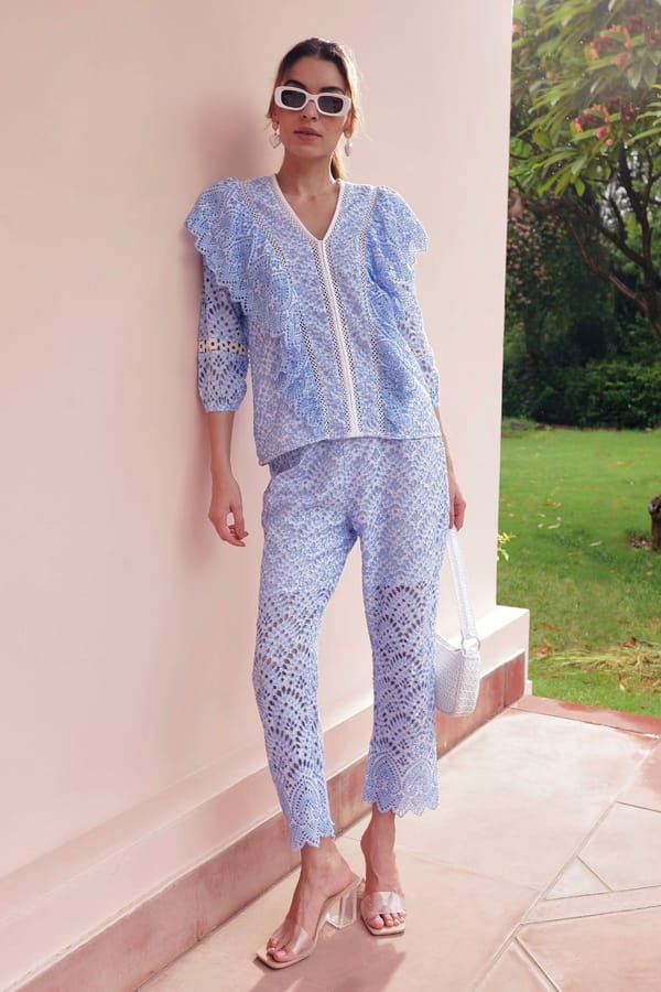 Blue Cotton Broderie Anglaise Co-ord Set with Ruffles — BOHO-CHIC