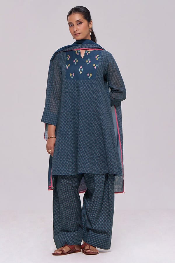 Deep Blue Printed Mul-Mul Kurta Set with Embroidered Yoke — Ganga Fashions Pvt Ltd