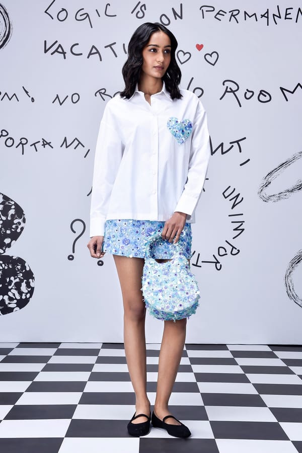 White Button-Down Shirt with Blue Sequin Heart Applique — Genes Lecoanet Hemant