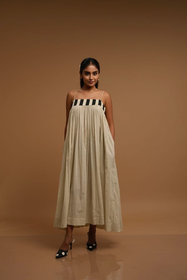 Off-White Smock Midi Dress with Striped Yoke — D Mak